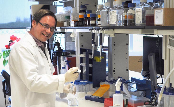 Michael Curran博士，在他的科学实验室进行胰腺癌研究。