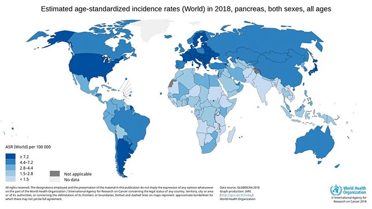 彩色编码的地图显示了全世界胰腺癌诊断的估计发病率。
