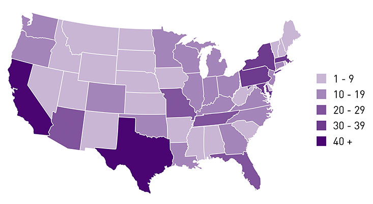 美国的地图显示胰腺癌临床试验网站的数量。