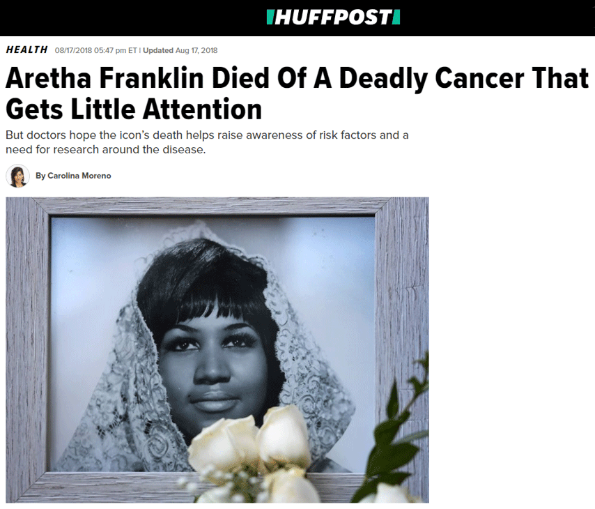 赫芬顿邮报的文章分享了阿瑞莎·富兰克林从胰腺癌去世的消息