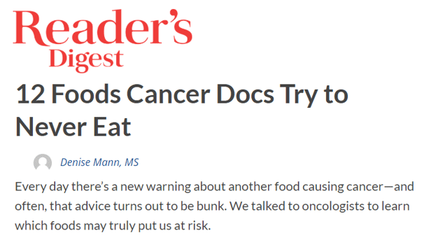 Huffington邮政文章分享aretha富兰克林从胰腺癌中传递的消息5.读者的摘要文章标题，“12个食物癌症Docs试图永远不会吃”