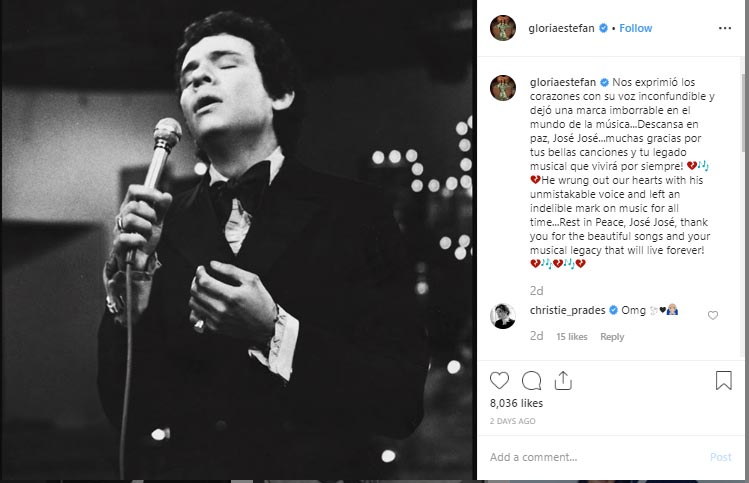 Gloria Estefan在她的Instagram上发布了José José的照片，并向他致敬