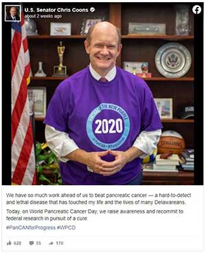 2020年11月19日，特拉华州参议员克里斯·库恩斯提高人们对胰腺癌的认识