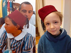 胰腺癌研究人员和她的儿子戴着传统的突尼斯帽子，相隔30年